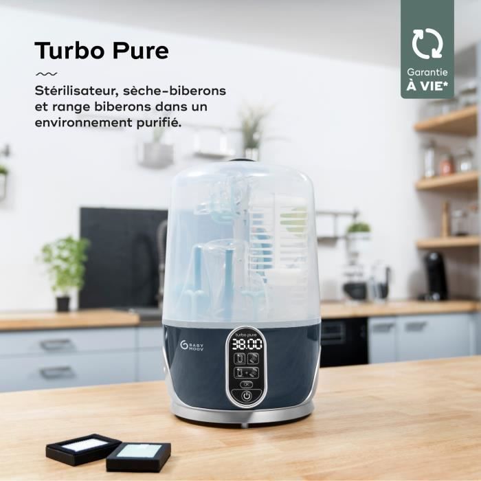 Babymoov Turbo Pure Stérilisateur Biberons Vapeur Electrique 2 en 1, Sèche Biberons, En 6 min Chrono
