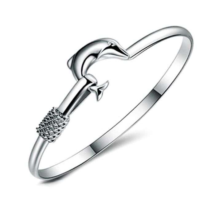 Bracelet Femme En Mode Dauphin Jonc En Argent Massif - Argent