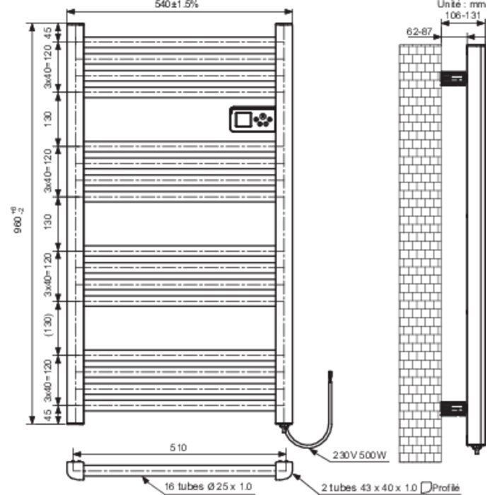 Sèche-serviettes électrique- Ldiamètreksa - Varma - 500 W - H. 96 cm