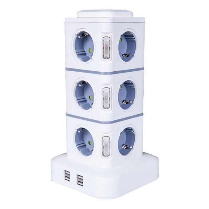 Torre de regleta eléctrica con 12 tomas de corriente (2500 W / 10 A), 4 puertos USB, protector contra sobretensiones y cable de extensión de 3 m.