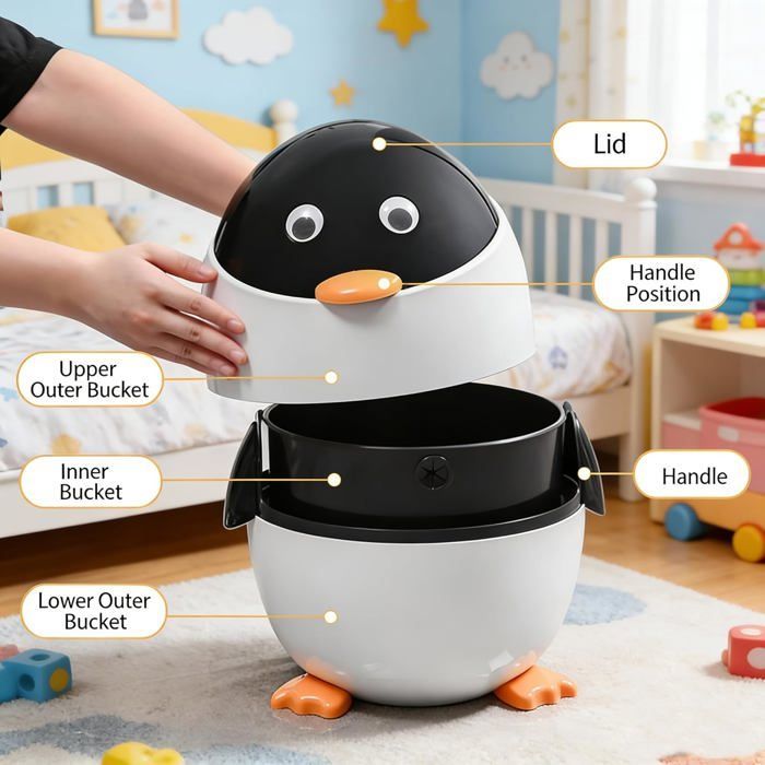 Pinguïn kinderprullenbak van 12 liter - met uitneembare binnenemmer, dierenthema decoratie voor slaapkamer of badkamer, wit