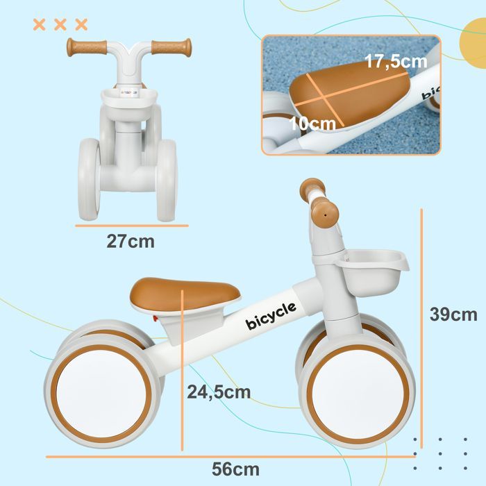 Draisienne vélo Enfant 4 roues -AIYAPLAY - selle réglable - guidon ergonomique -alliage alu. PP - 1 à 3 ans - Marron Blanc