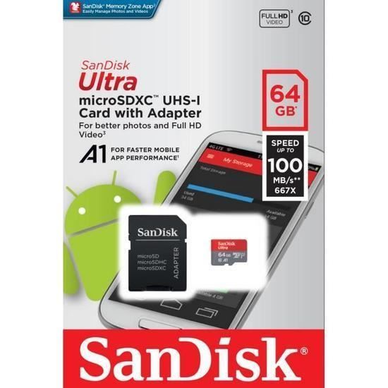 Carte Mémoire micro SDXC SanDisk Ultra 64Go Adaptateur SD Vitesse de Lecture Allant jusqu'à 100Mo/S, Classe 10, U1,A1