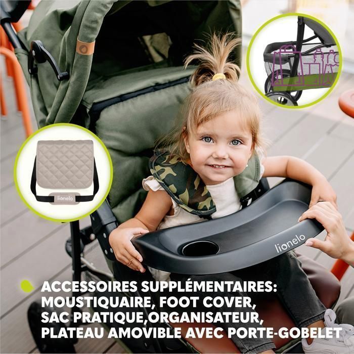 Poussette canne légère LIONELO Emma - Pliage rapide - 6-36 mois - Sac inclus - Grand panier - Beige