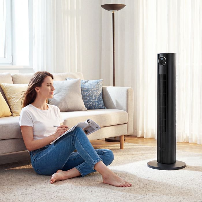 Ventilador de torre - HOMCOM - silencioso (28 dB) - oscilación de 80° - 12 velocidades, 4 modos - ABS - 92 cm de altura - negro