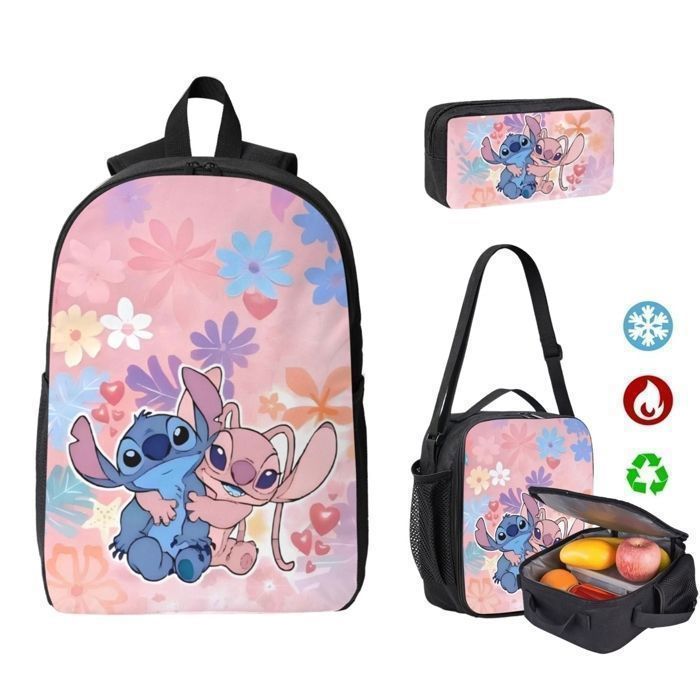 Mochila KENLUMO Stitch para niños - Set de 3 piezas (mochila, bolsa térmica para el almuerzo y estuche para lápices) - Mochila escolar