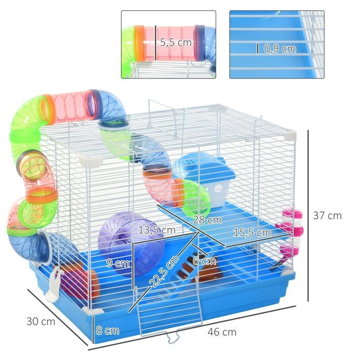 Cage pour hamster - PawHut - rongeur 2 niveaux tunnel biberon eau roue maisonnette échelles - plastique - 46x30x37cm - bleu