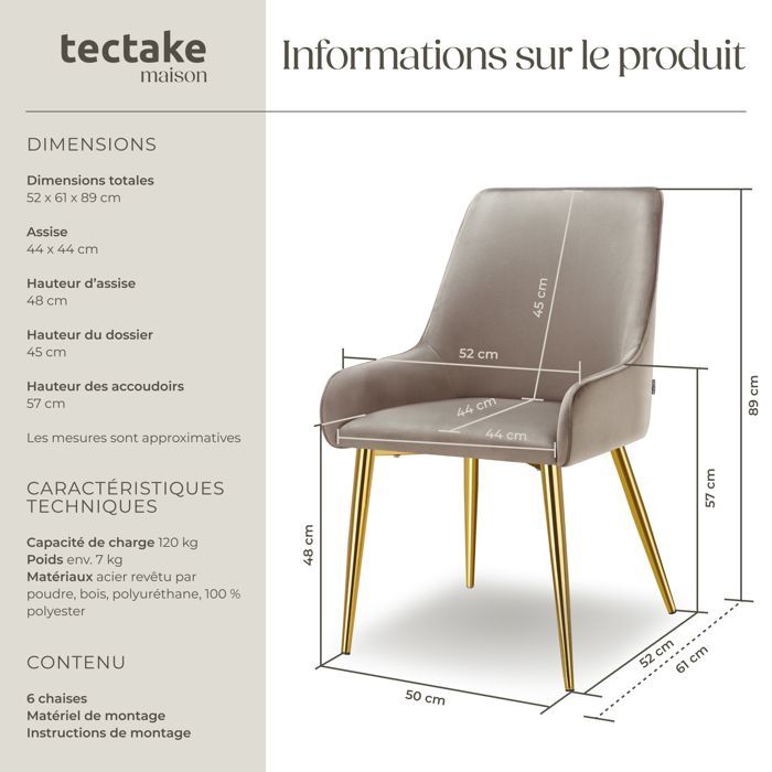 Chairs - TECTAKE - Set of 6 AVANE Scandinavian-style upholstered chairs with a velvet look, ergonomic shape and high back - Taupe