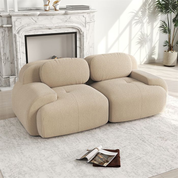 Sofá de 2 plazas DRIPEX de 208 cm en pana, sofá modular con reposabrazos curvos, totalmente comprimido, color beige.
