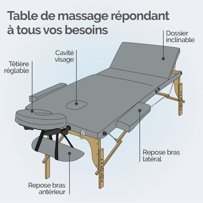 Folding 3-section wooden massage table with Reiki panel + Accessories and carrying case - Grey - Vivezen
