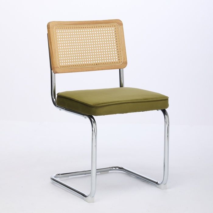 Chaises à manger modernes du milieu du siècle Ensemble de 2, chaises d'accent velours avec dos de canne naturelle et base de chrom