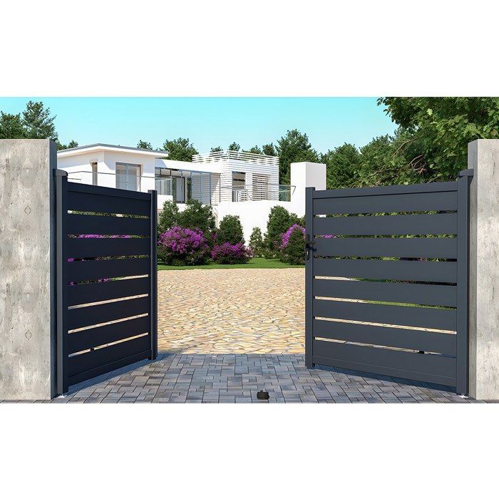 Puerta batiente de aluminio con diseño calado, 305 x 165 cm, color antracita - PRIMO