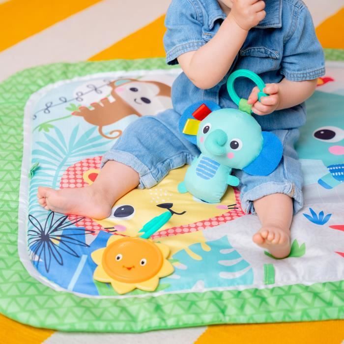 Alfombra de juegos plegable y convertible para bebés BRIGHT STARTS - Verde selva - con arco, juguetes sensoriales y musicales y espejo.