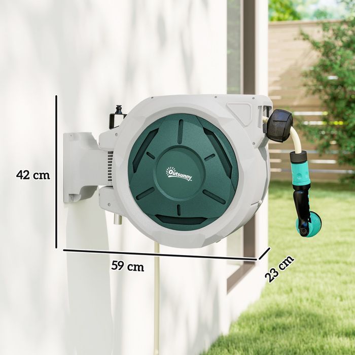 Enrollador de manguera de pared - Outsunny - 30 m x 15 mm de diámetro - Retráctil automático, giratorio 180° - Boquilla de 7 modos - Gris