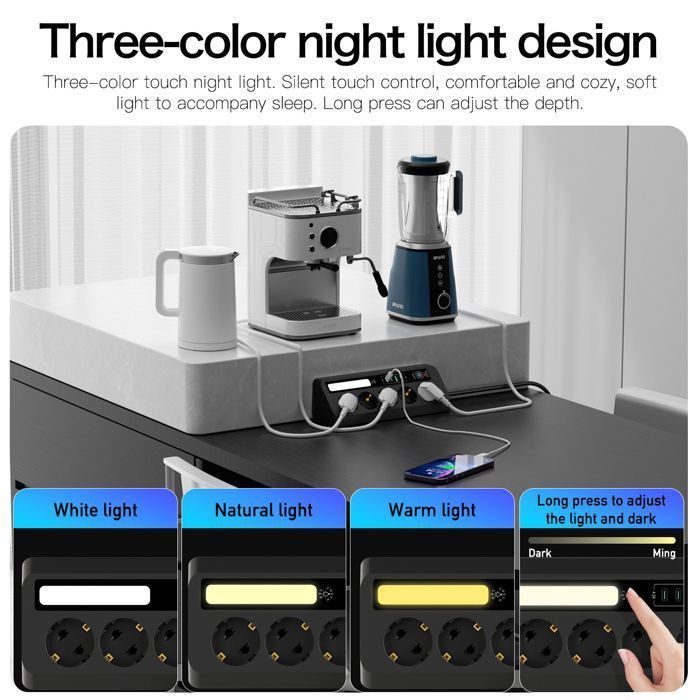 Universal Power Strip, LED Surge Protector, with 5 Outlets, 2 USB-C, 2 USB-A, 1.8M Cable, Switch, 2500W, Black