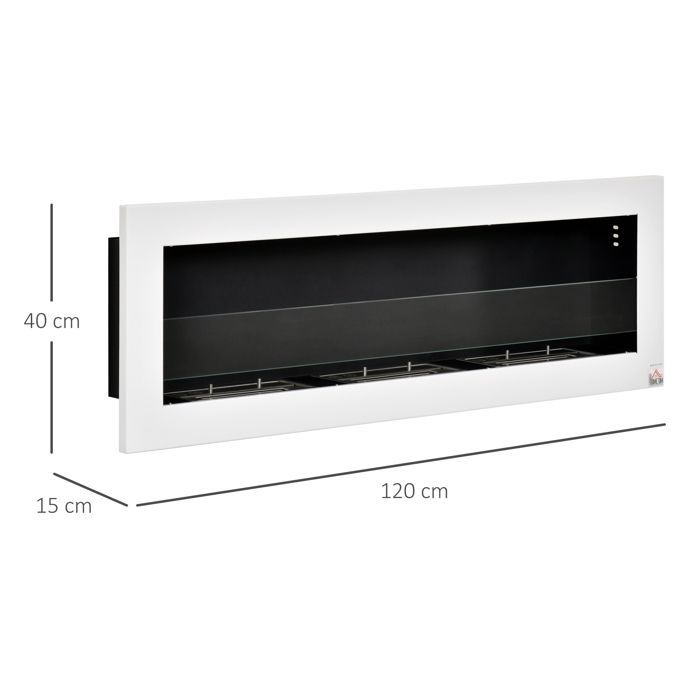 Bioethanolkamin – HOMCOM – Wandmontage, Einbau, 3 Brenner, 3 Liter Fassungsvermögen, 3 Stunden Brenndauer – Edelstahl – 120 x 15 x 40 cm – Weiß