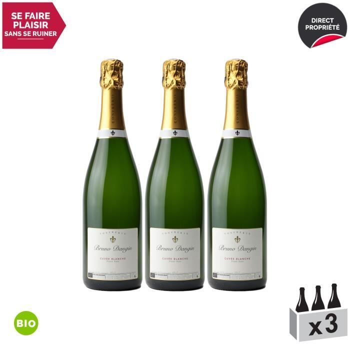 Crémant de Bourgogne Cuvée Blanche Brut Blanc - Orgánico - Lote de 3x75cl - Bruno Dangin - Vino espumoso AOC Blanc de Bourgogne -