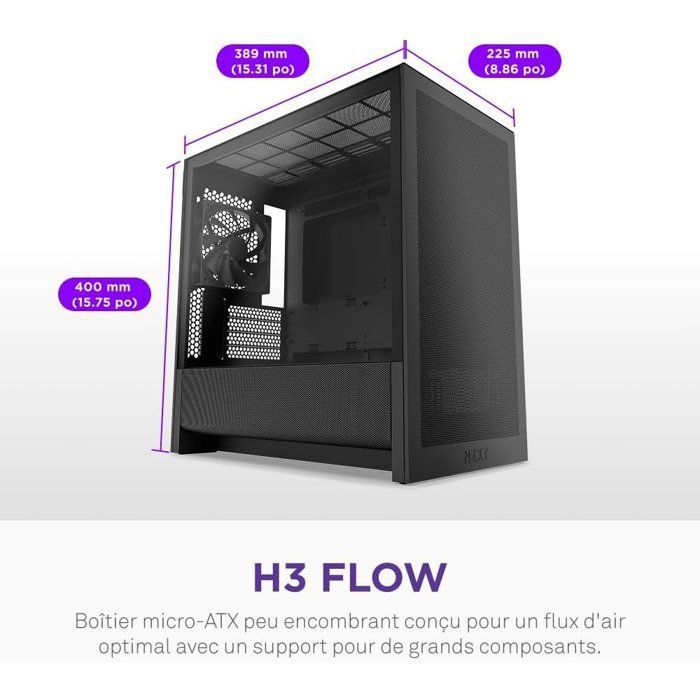 Boitier moyen-tour micro-ATX - NZXT - CC-H31FB-01 - H3 Flow - Airflow remarquable - Noir - GPU grand format