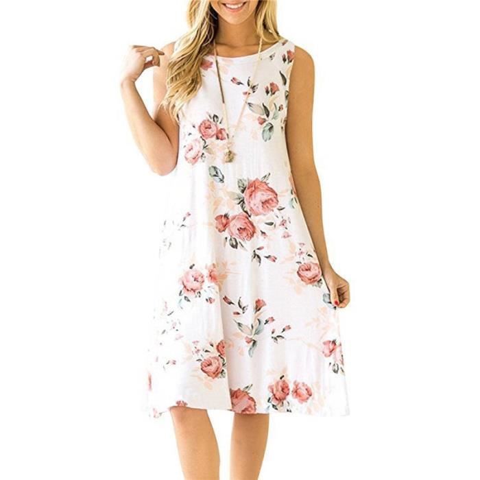 Vestido midi informal sin mangas estampado para mujer, con cuello redondo y bolsillos - Blanco