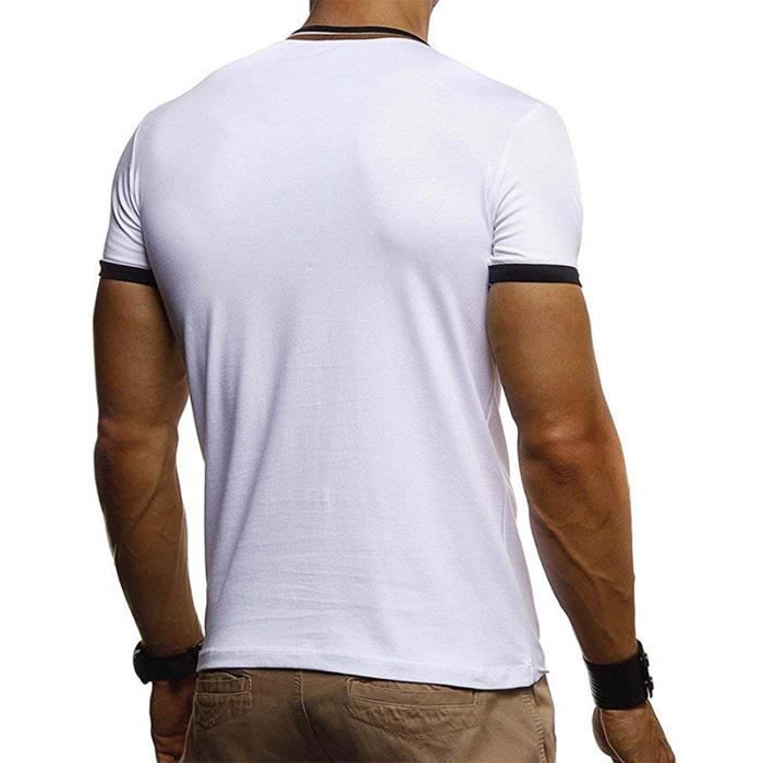 Men's T-shirt - LEOCLOTHO - Fitness V-neck Slim fit short sleeves - White - 65% Cotton
