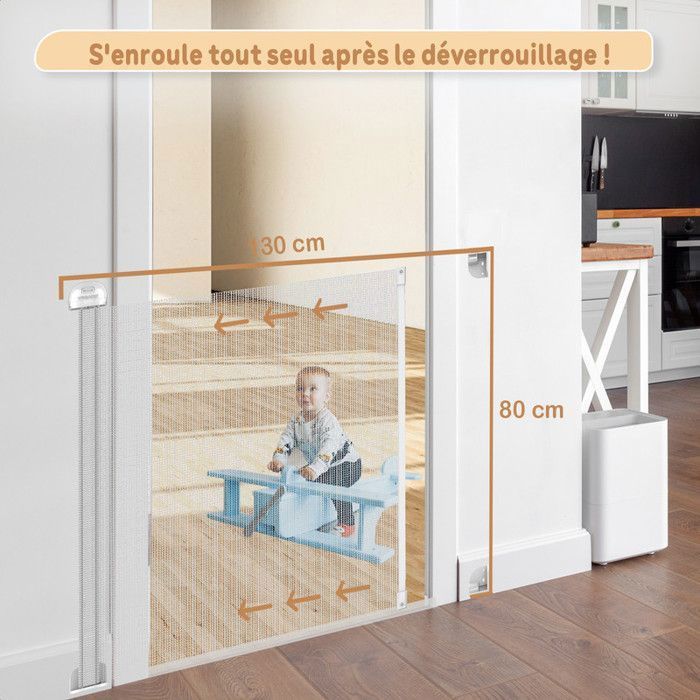 Twinky® Barrière Rétractable Bébé & Chien | Sécurité Escaliers & Maison | Protection Enfant | Design Gris 80x130 cm