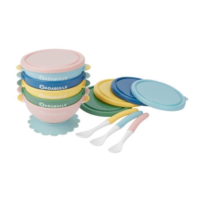 BADABULLE Set van 5 antislip babykommetjes van 330 ml met luchtdichte deksels + 3 zachte lepels voor baby's vanaf de eerste levensfase, geschikt voor de magnetron.