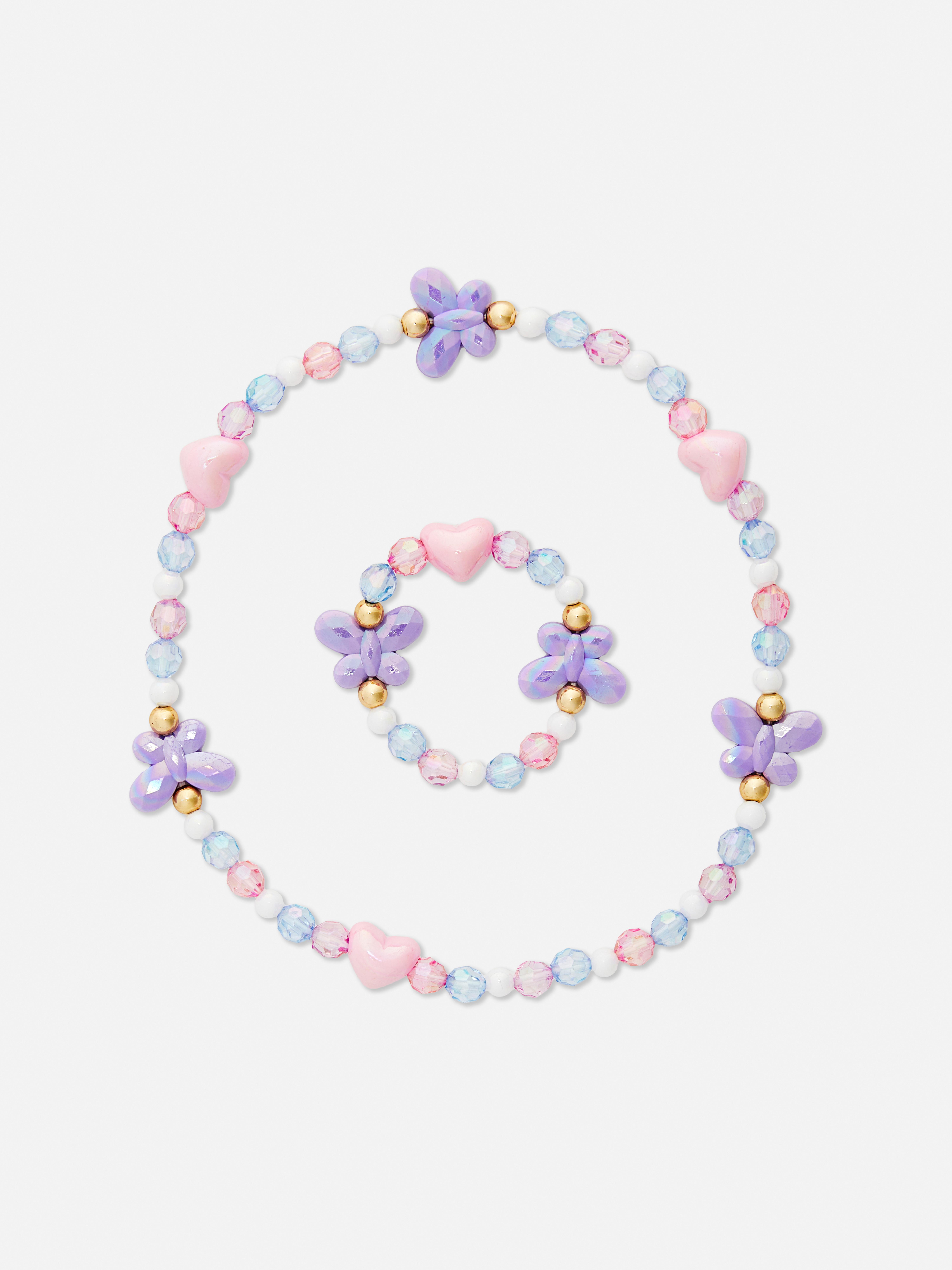 Set di collana e bracciale con perline a forma di farfalla. Un set di gioielli con collana e bracciale coordinati con perline.