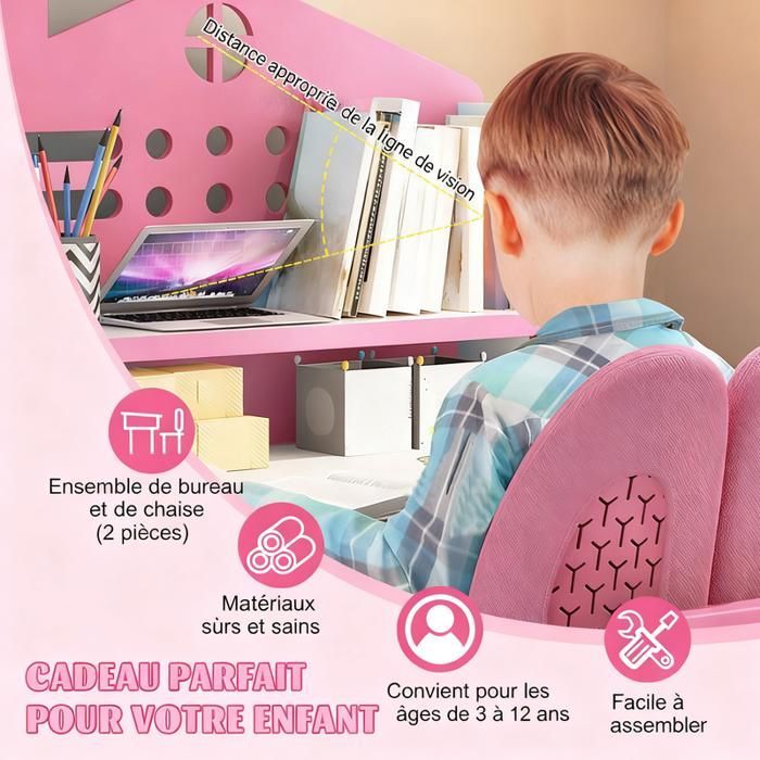 Kinderbureau en studiestoel – FIANAO – In hoogte verstelbaar, bureau 105×72,5 cm, ergonomische stoel, opbergvak met schuifmechanisme – Roze