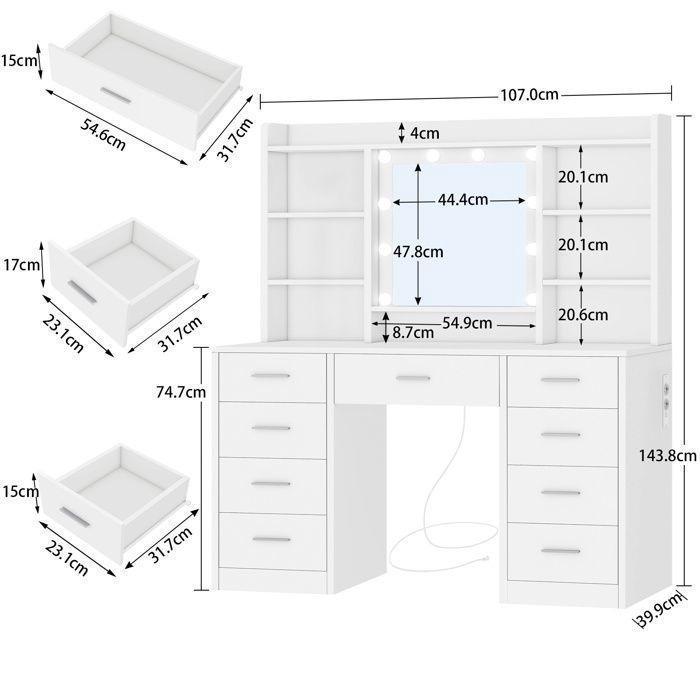 FIONLINE Sminkbord med spegel och laddningsstation, Sminkbord med 9 lådor, 6 hyllor, 107*40*144 cm, Vit