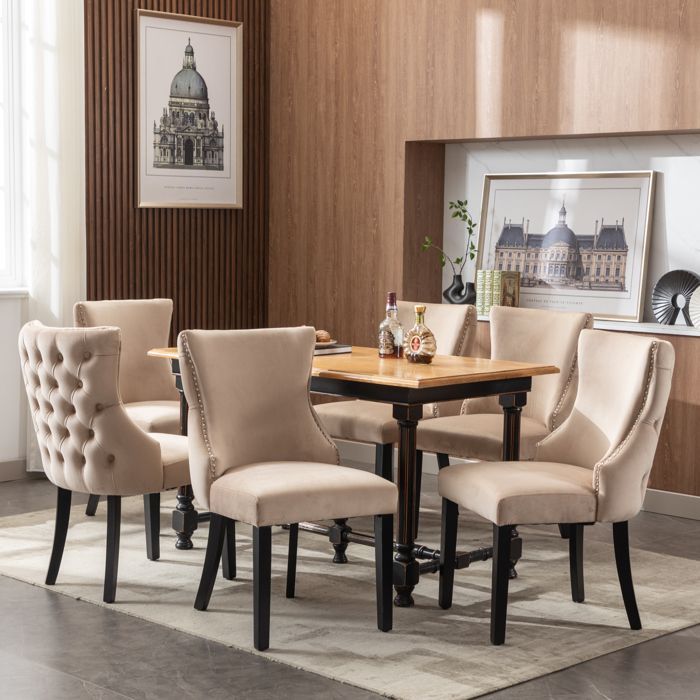 Set di 6 sedie da pranzo in velluto, gambe in legno massello, sedie imbottite, stile moderno, poltrona da soggiorno beige