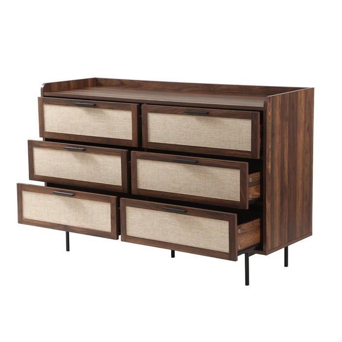 CALICOSY - Commode 6 Tiroirs décor noyer avec façades en tissu L120 cm - JETSON - Bois foncé