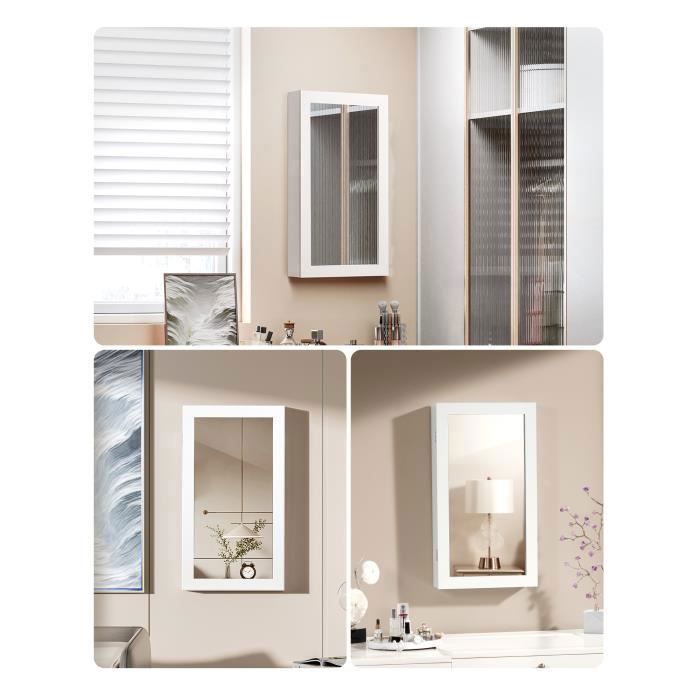 Joyero de pared con cerradura, espejo, superficie blanca y revestimiento negro.
