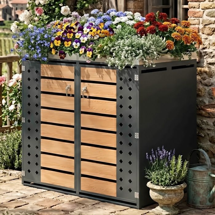 Cache-Poubelle Double 132×80×124.5cm - Bac à Fleurs Intégré - Tri Sélectif & Verrouillable - Acier Galvanisé Bois