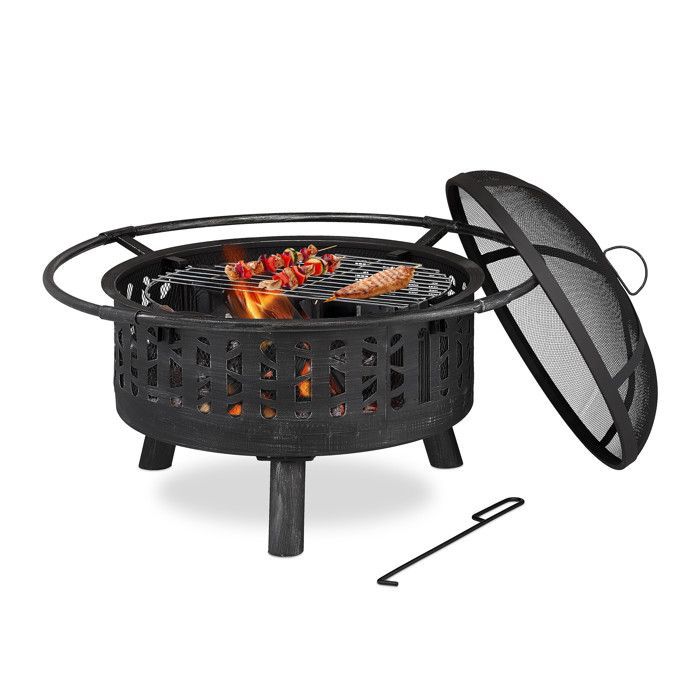 Brasero Relaxdays con parrilla, rejilla protectora contra chispas y atizador, para jardín, Ø 75 cm, negro/plata