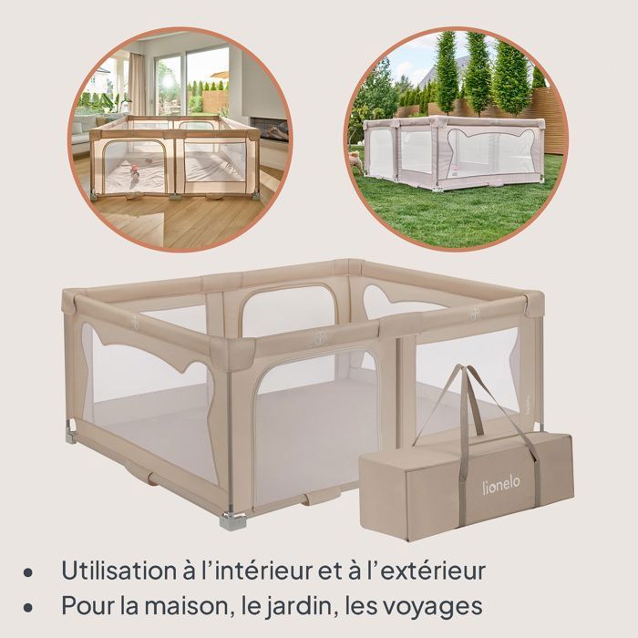 Parque infantil de 180x150 cm - LIONELO Florence - Montaje muy rápido - Espacio extragrande - Para interior/exterior - Bolsa incluida - Beige