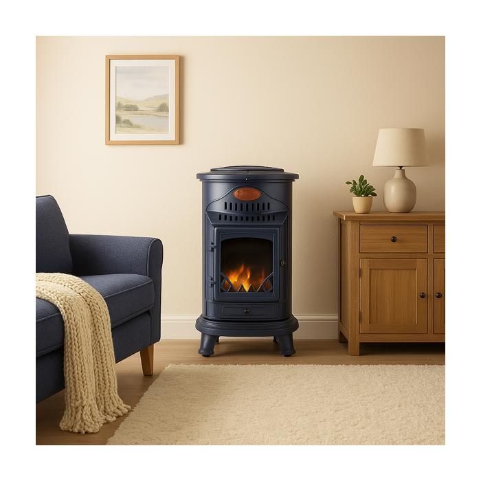 Poele à gaz 3,4KW Bleu Saphir Mat Effet poêle à bois Fonte véritable + Tuyau gaz + détendeur butane Provence Sahara