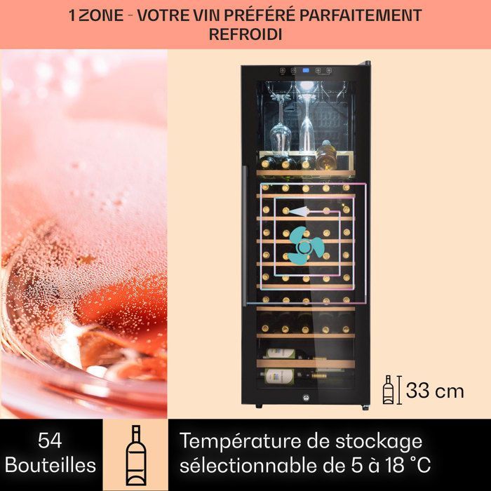 Klarstein Cave à vin 54 bouteilles étagères en bois amovibles porte en verre écran LCD 5 à 18°C Cave à Vin Vieillissement Noir