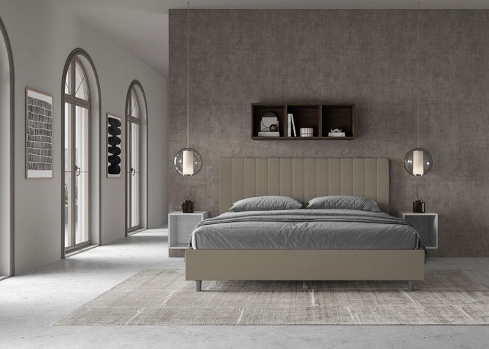 Cama king size con almacenamiento - Ityhome - Agueda - 200x210 cm - Piel sintética color capuchino - Diseño moderno