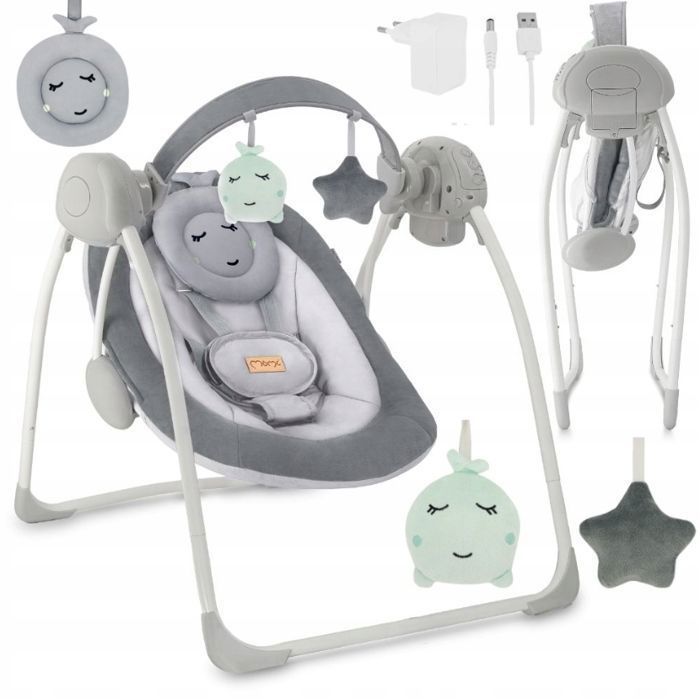 MoMi LISS – Altalena elettrica pieghevole per neonati – 5 velocità – Timer – 6 melodie – Giocattoli regolabili – Grigio