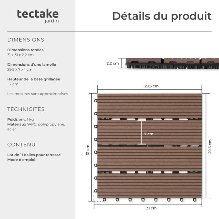 Baldosas para terraza - TECTAKE - Juego de 11 baldosas para terraza TEGULAS en WPC con aspecto de madera - Marrón