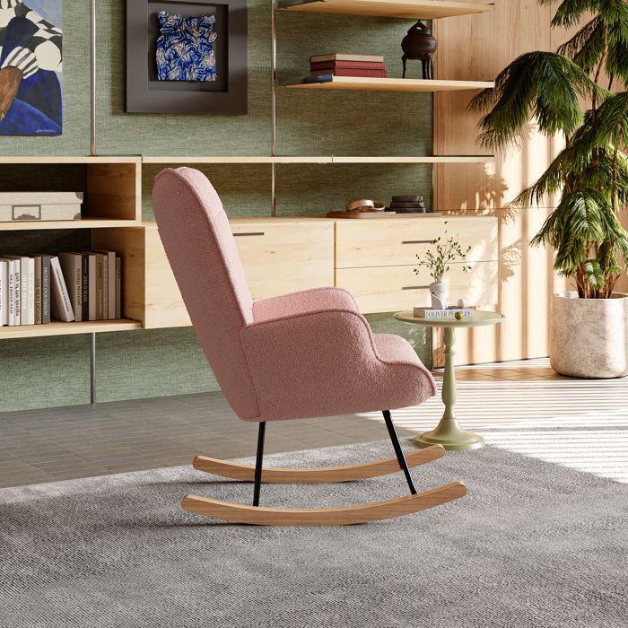 Fauteuil à bascule avec velours teddy,Rocking Chair,Fauteuil à bascule allaitement,bois massif et cadre en métal,rose