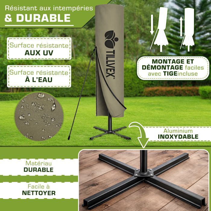 Sombrilla voladiza LED tillvex® Ø 350 cm Marrón – 360°, protección UV UPF 50+ con manivela, funda y cortavientos, parasol con base