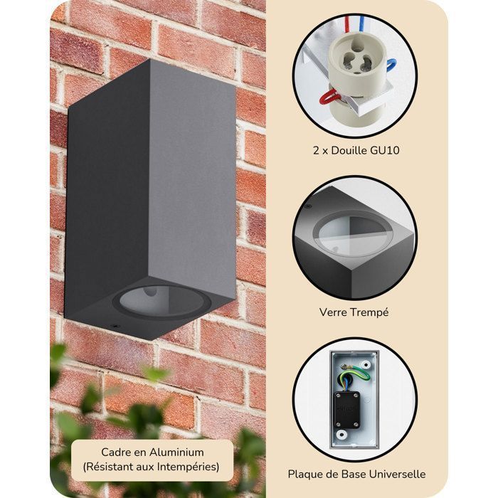 EDISHINE 2 apliques de pared para interior/exterior IP44, casquillo GU10, bombilla no incluida, gris oscuro, iluminación exterior