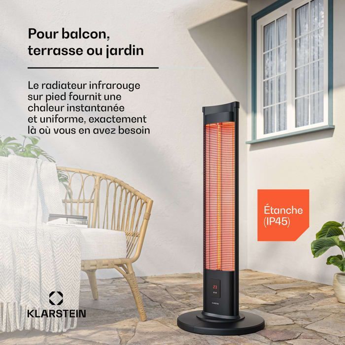 Klarstein BlazeTower Infrared Heater 2000W 3 Levels IP45 Remote Control Timer Anti-Tip Outdoor Patio Heater
