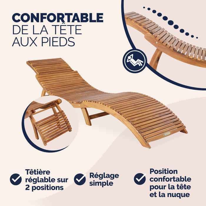 CASARIA® Chaise longue bois d'acacia certifié FSC® pliable valise ergonomique ajustable chaise longue de jardin en bois