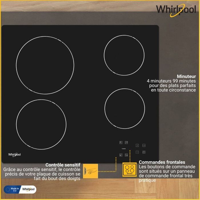 WHIRLPOOL AKT8090NE Ceramic Hob - 4 Zones - 6200W - W58 x D51cm - Black