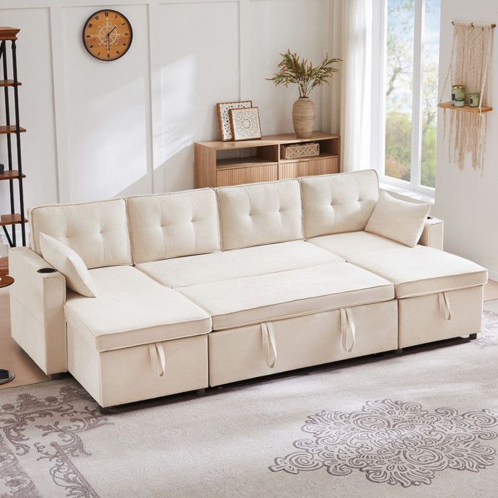 Großes U-förmiges Familiensofa, ausziehbares Schlafsofa, integrierter Stauraum und Getränkehalter – ideal für Wohnzimmer und Lounge