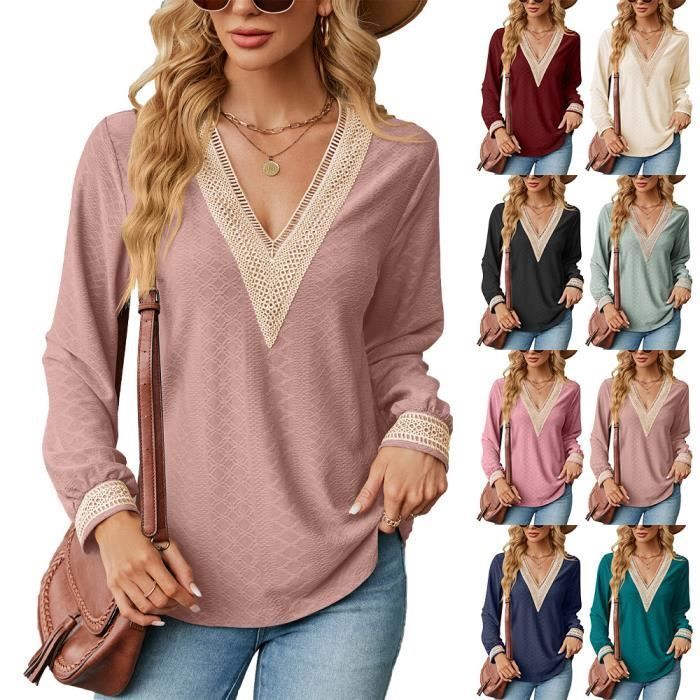 Pull Femme INSFITY - Manches Longues Col V - Couleur Contraste Bordeaux - Printemps et Automne