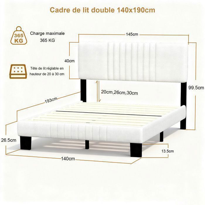 Estructura de cama doble ajustable de 140x190 cm, cabecero Ren Linen, soporte doble de metal y madera, color beige.