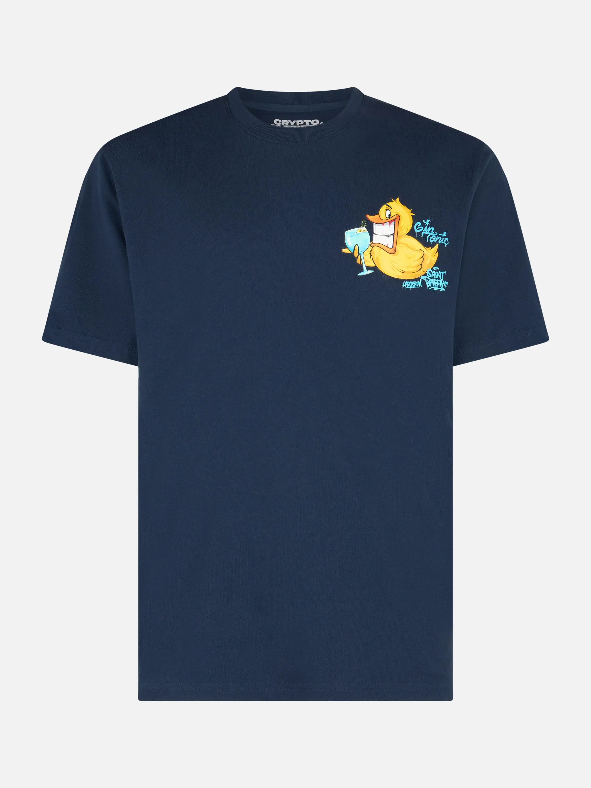 Heren katoenen T-shirt met Crypt-print op voor- en achterkant.